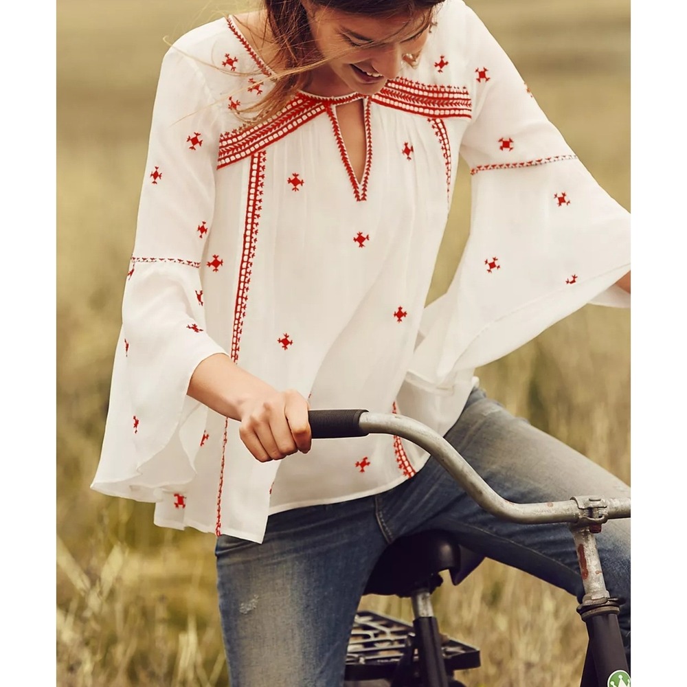 Anthropologie Floreat‎ Embroidered Peasant Blouse Top White Red Boho Chic